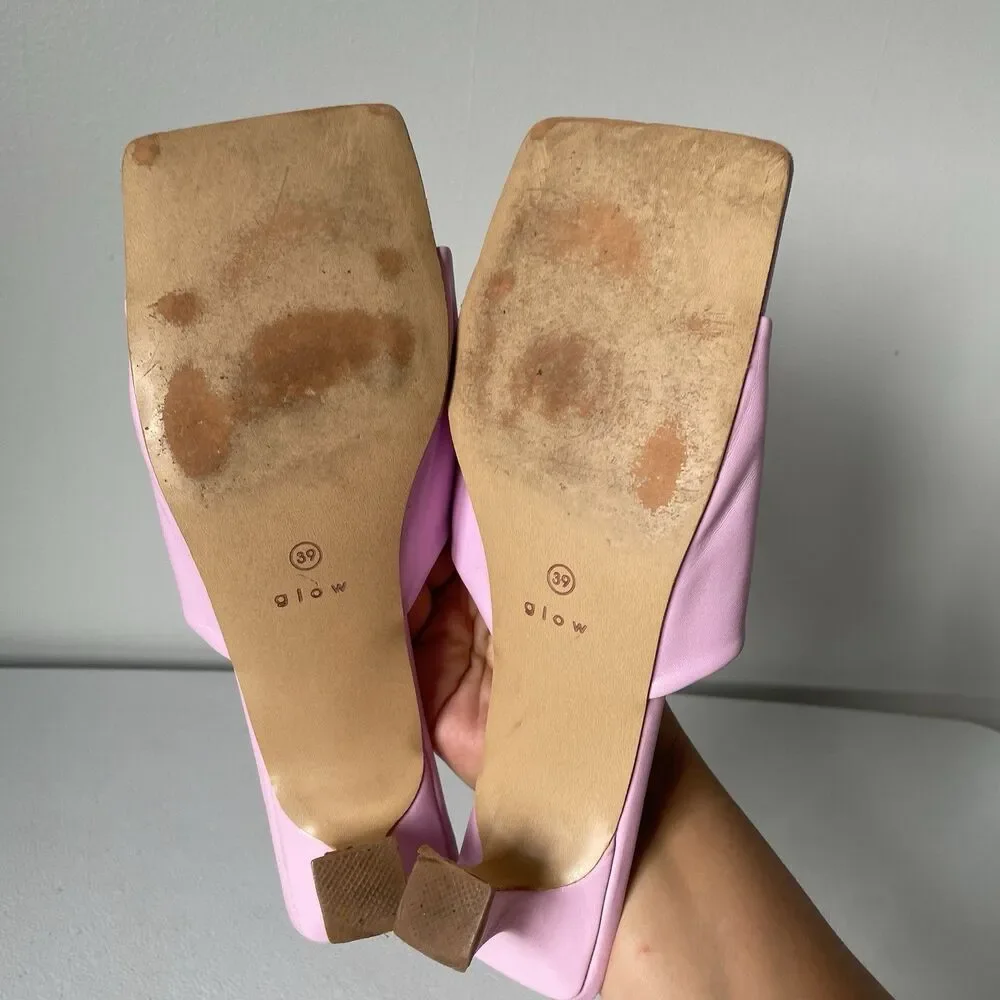 GLOW Leather Heels Square Toe Pink Purple Backless Slip On Women's Size 8